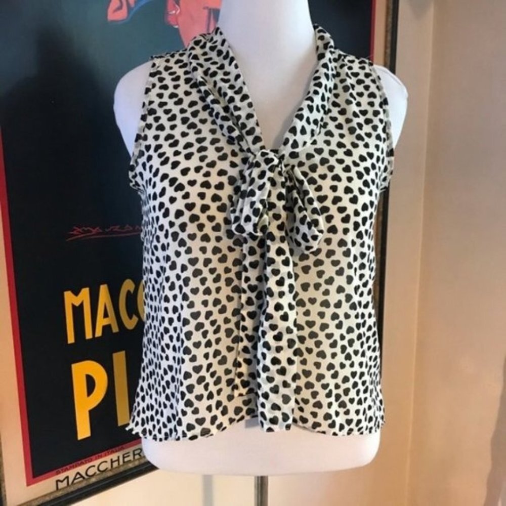 MARISOL: Cream/ Black Heart Button Up Tie Blouse